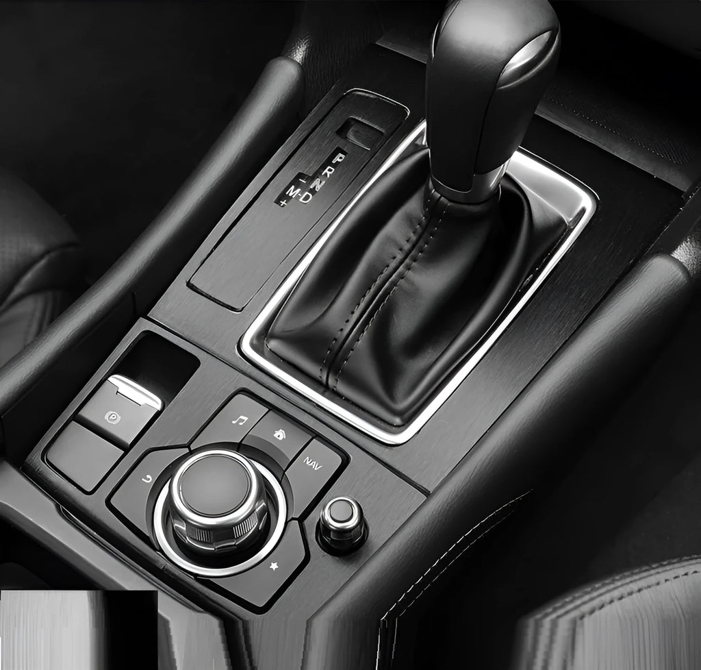 Unksera car interior decorative film sticker kit showing dashboard and centre console application with carbon fibre finish
