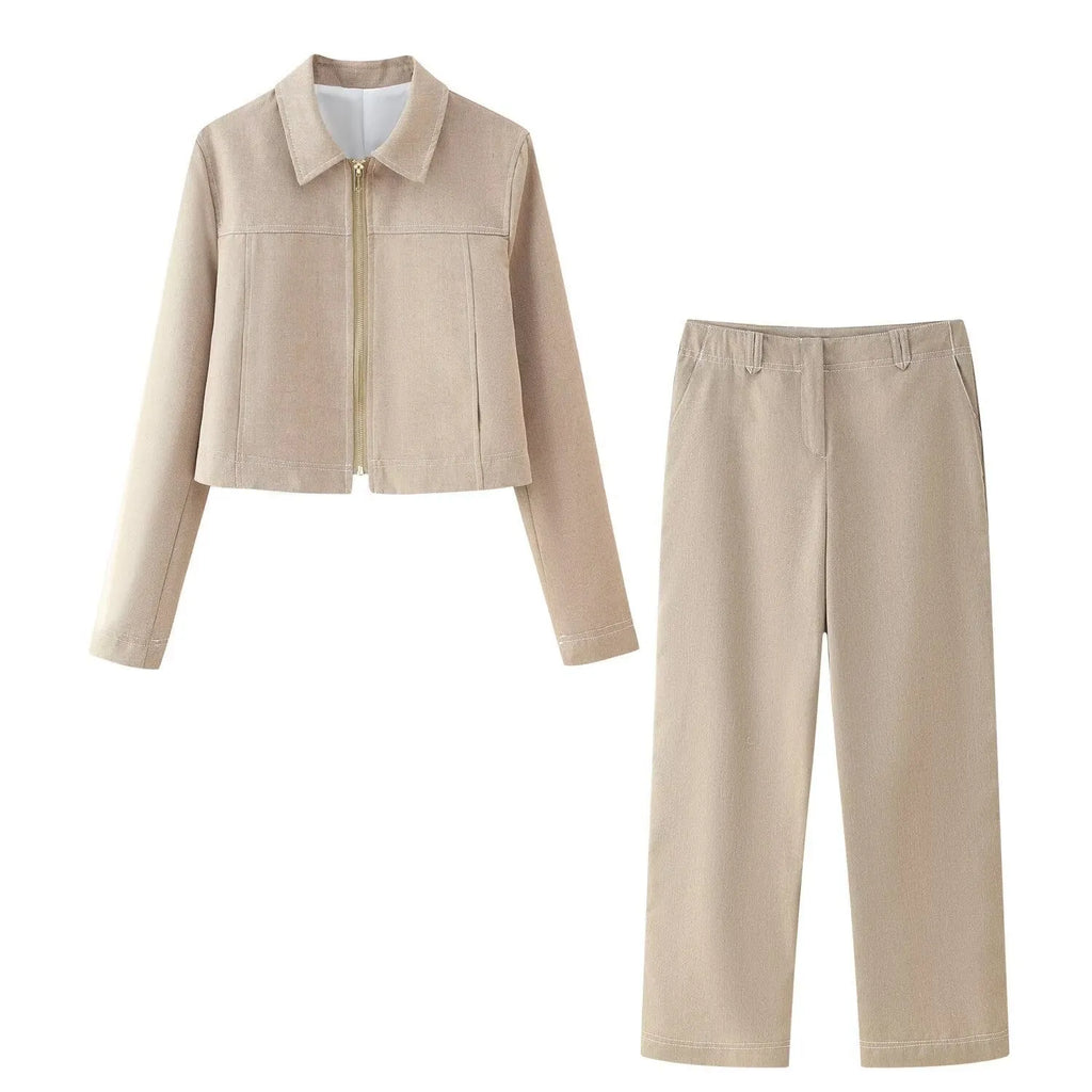 Women's herringbone pattern long sleeve coat and straight-leg pants suit set with 3D effect
