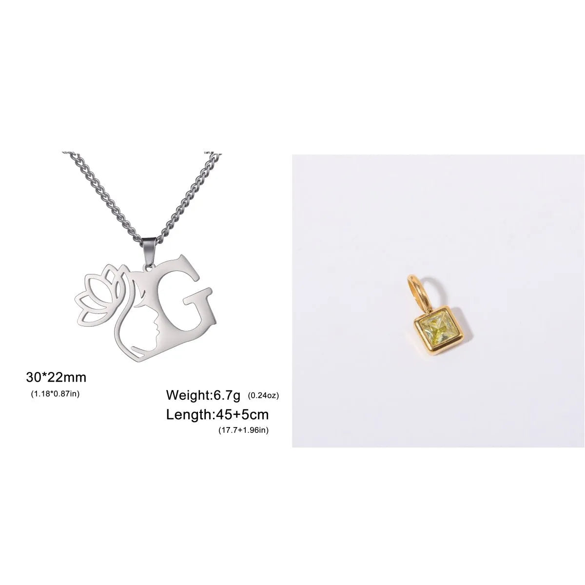 Stainless steel necklace with cross chain design and single letter pendant in gold or silver electroplated finish