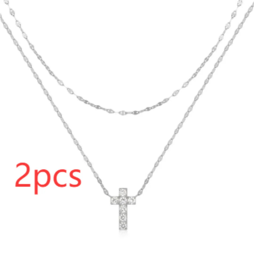 Sterling silver double layer twin diamond cross pendant necklace with geometric design on clavicle chain