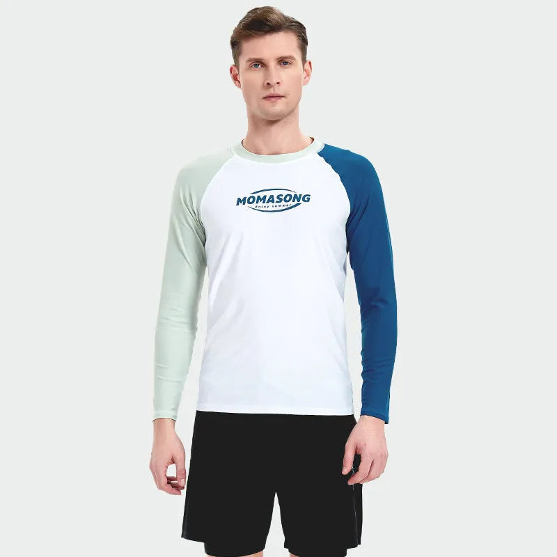 Men's white long-sleeved swimsuit top with matching swim trunks set for sun protection