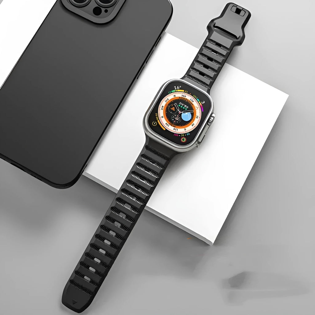 Fluoro rubber Apple Watch strap in multiple colours with T buckle, compatible with Ultra and Series 8 to 1 models.