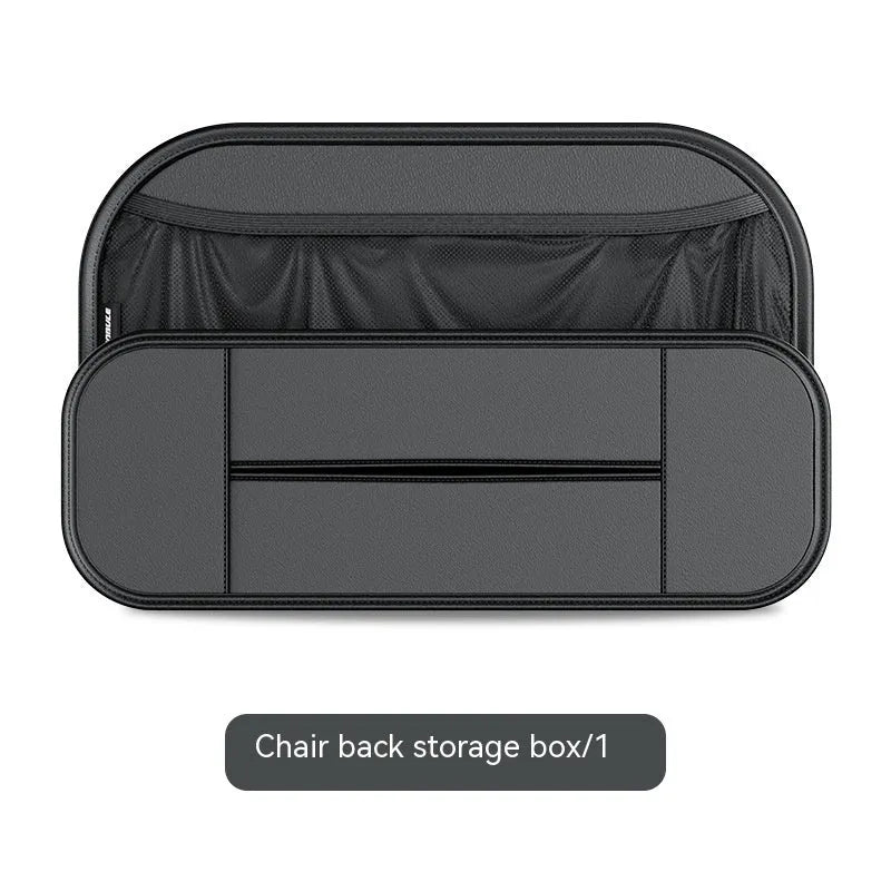 Black leather car seat back storage bag showing box design and dimensions.