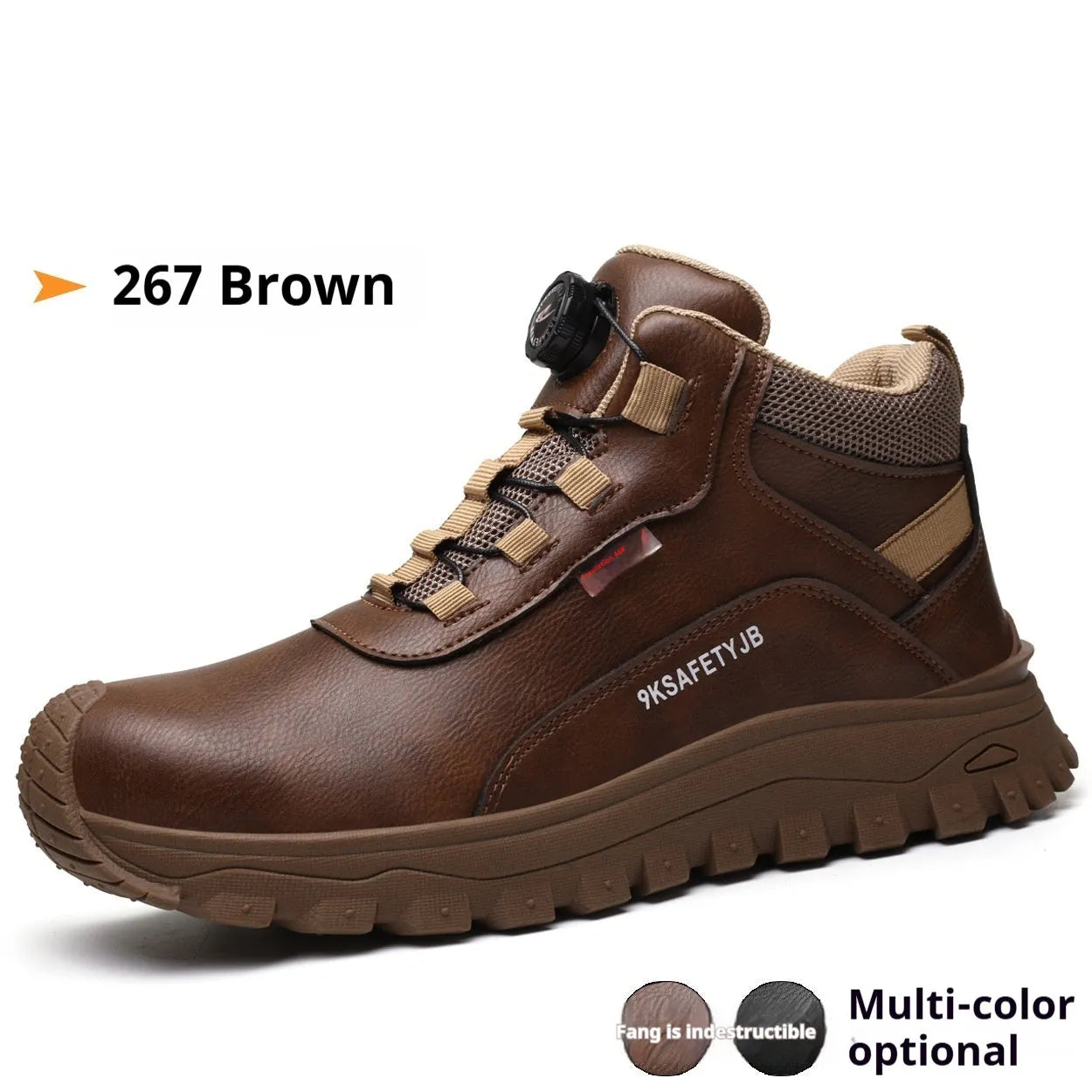 Men's Flyknit leather work safety shoes with a rubber sole in black, shown in a side profile.