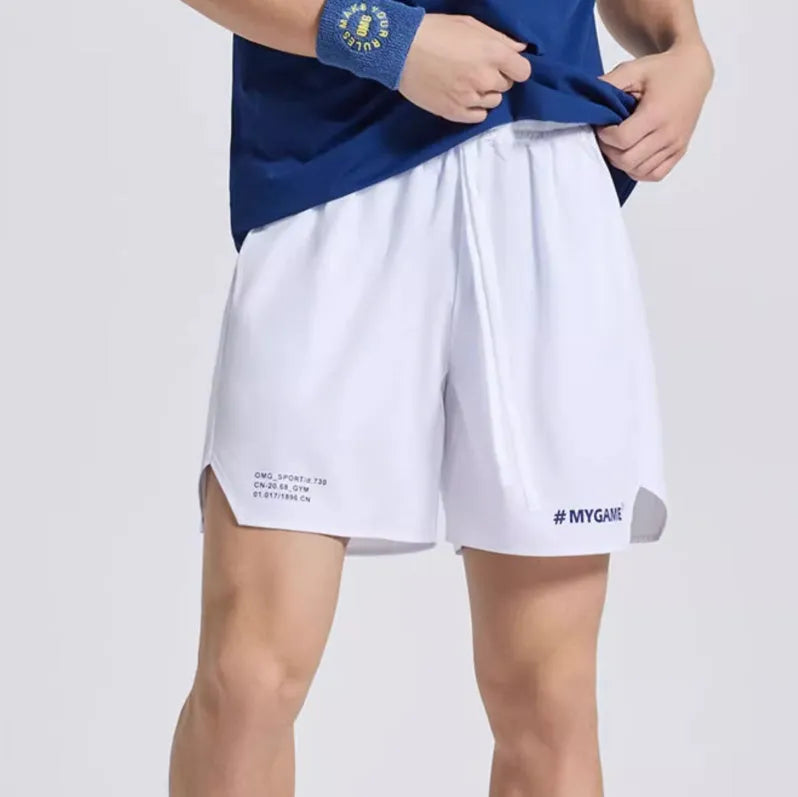 Men's training shorts in black, blue, grey, and white colours from a front view.