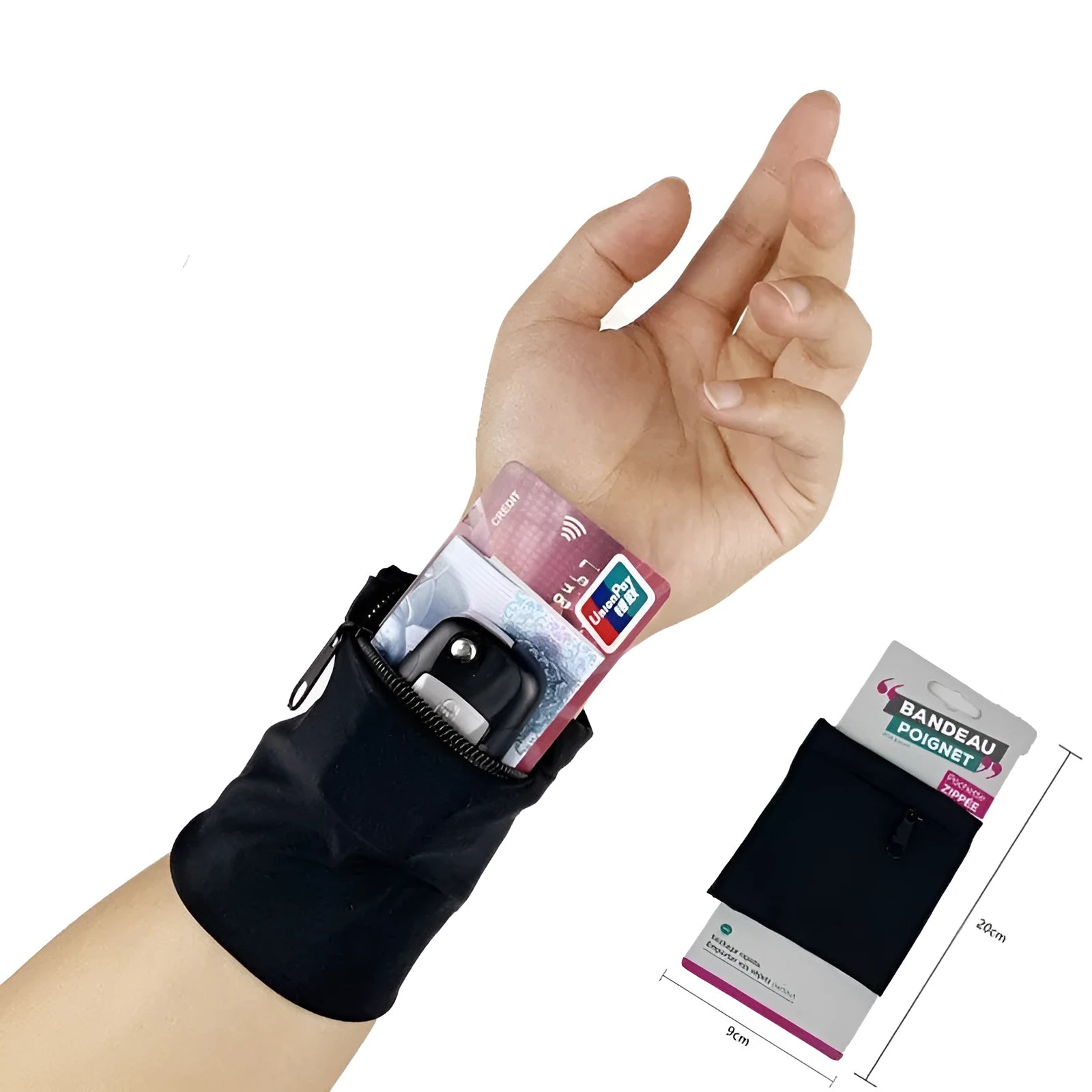 Wrist bag armband sleeve for mobile phone with 10cm x 10.5cm dimensions designed for camping and fitness use.