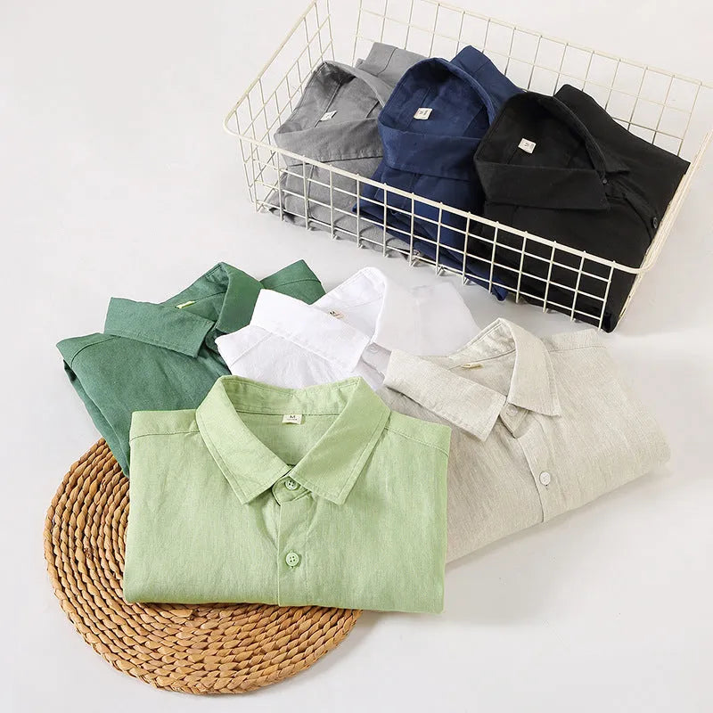 Linen long sleeve cardigan shirt in a loose Chinese style, shown in a solid colour.