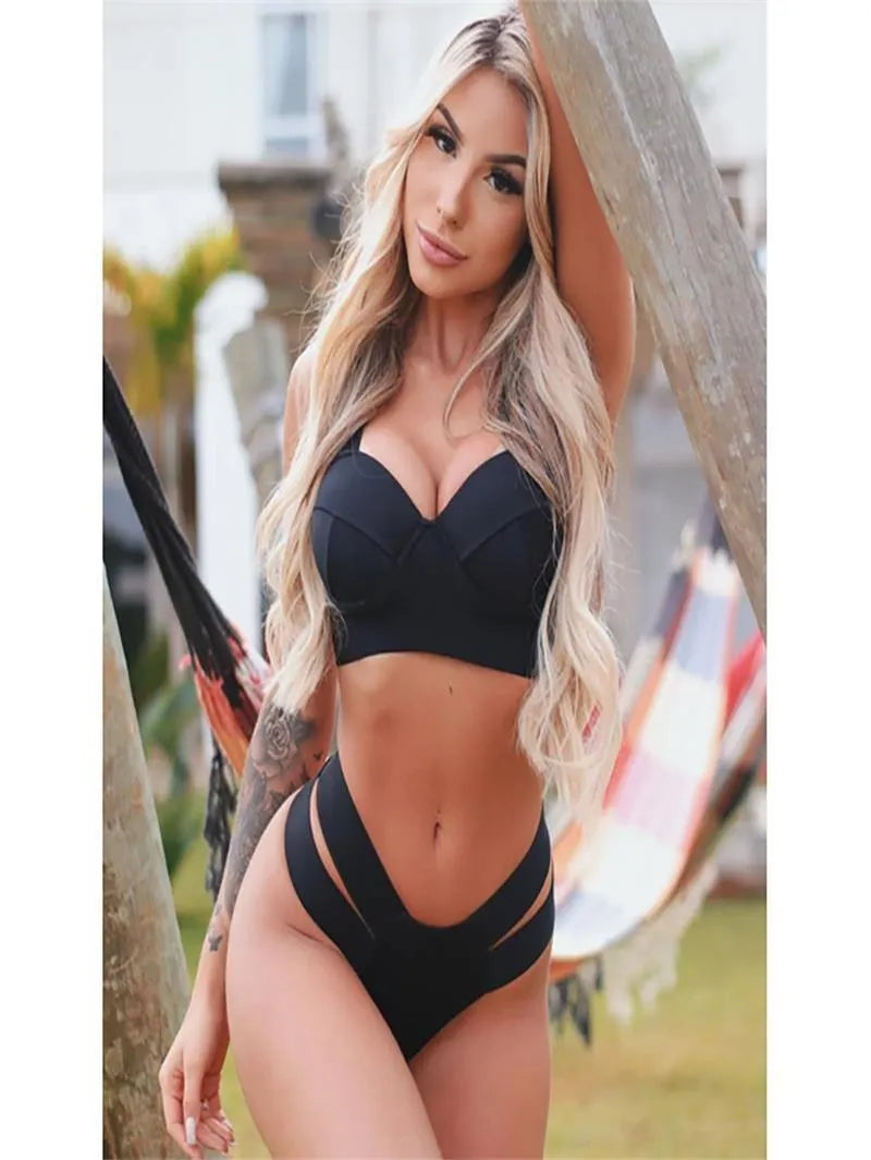 Women's contrast colour push-up bikini set with steel bracket support in Rose Red, Black, or Peacock Blue Nylon fabric