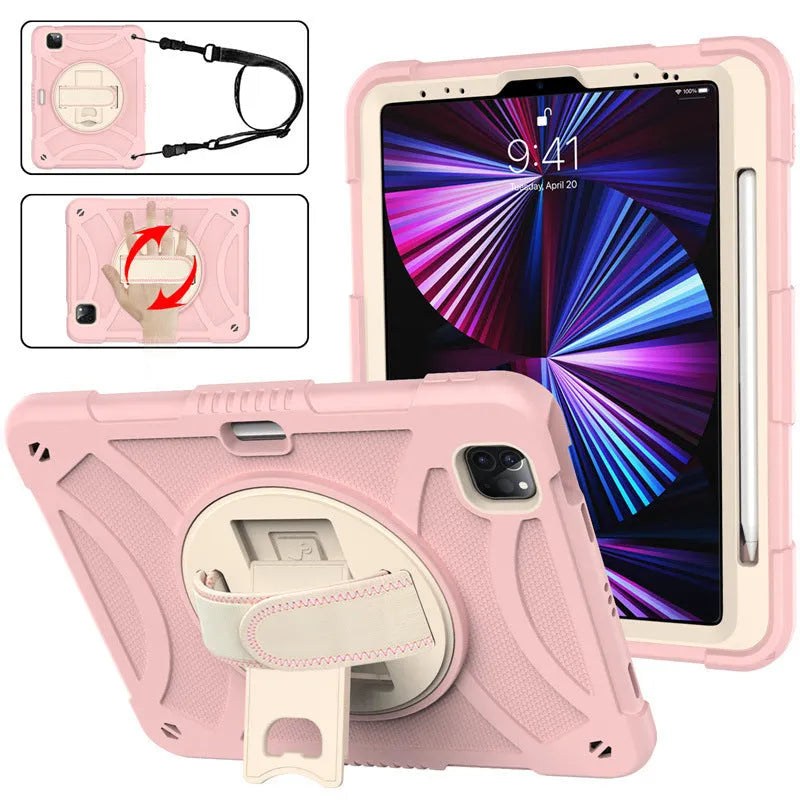 Rotating bracket strap silicone protective case for Apple iPad in multiple colour options.