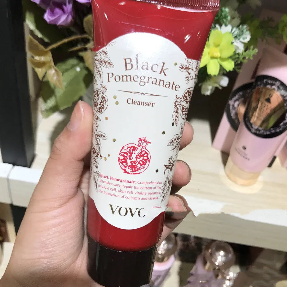 Pomegranate skincare set showing six products: cleanser, water, milk, cream, essence and eye cream