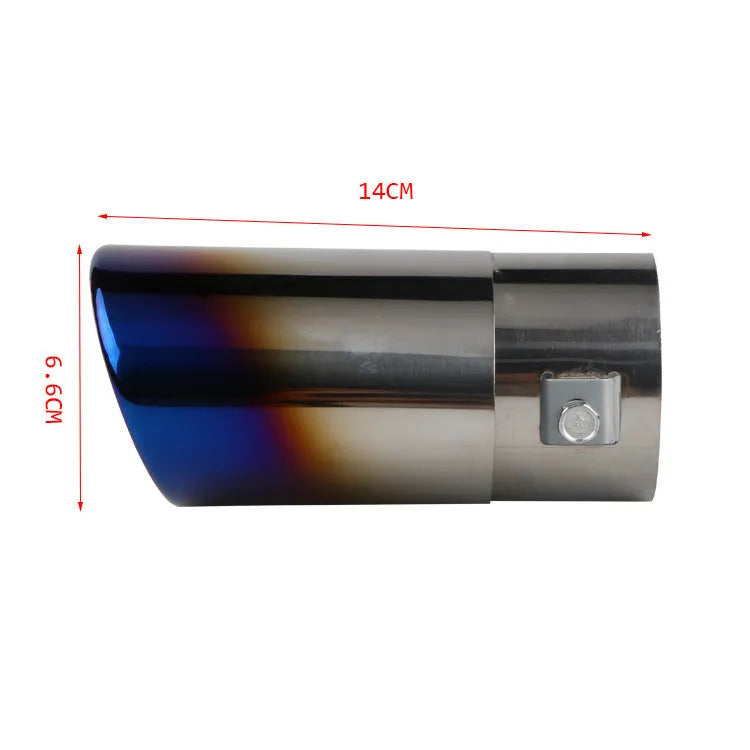 Stainless steel car exhaust tail pipe tip in baked blue finish, showing straight and curved shape options.
