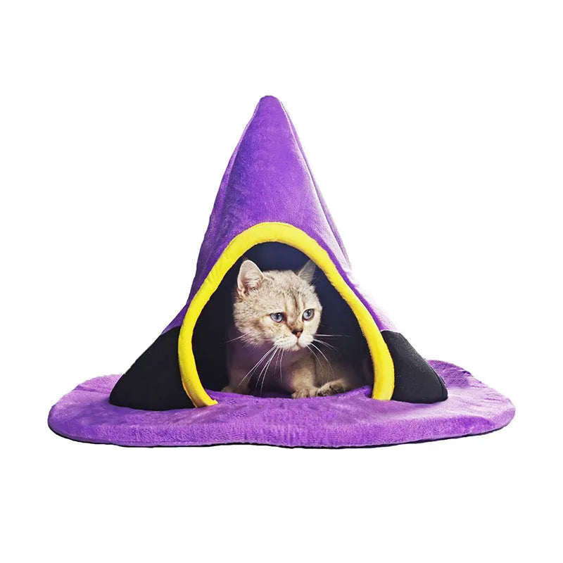 Purple Halloween witch hat shaped cat bed measuring 60x45cm for kittens and small cats