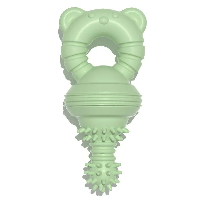 Blue rubber molar dog chew toy with textured surface and bell inside.