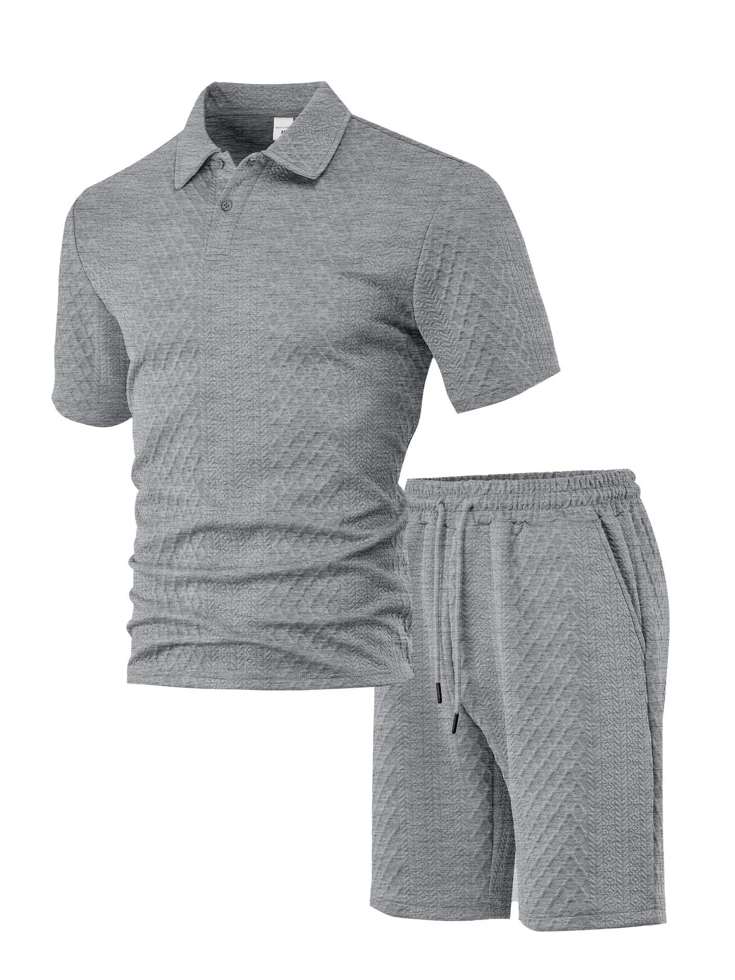 Men's figured cloth short sleeve suit with polo shirt and matching trousers in sports leisure style
