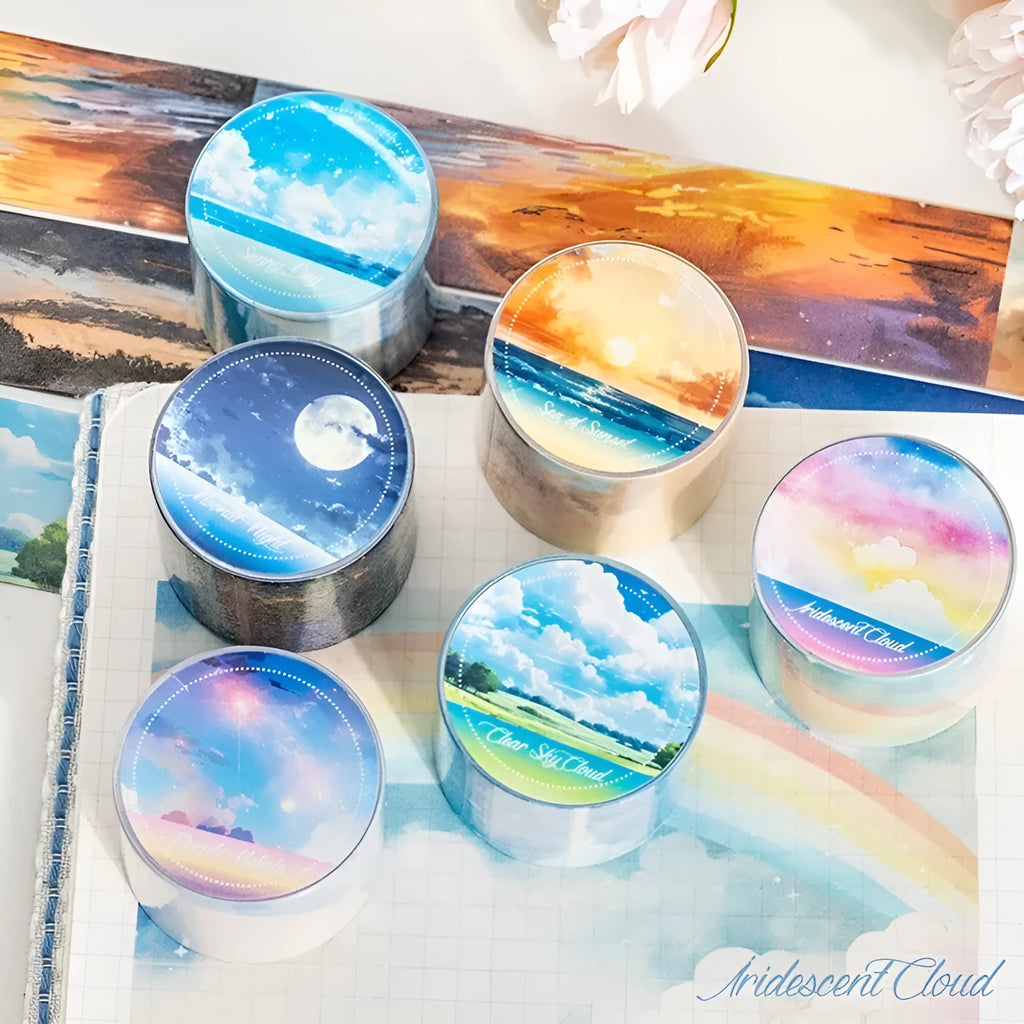 Japanese paper sky theme journal stickers tape roll showing colourful clouds design