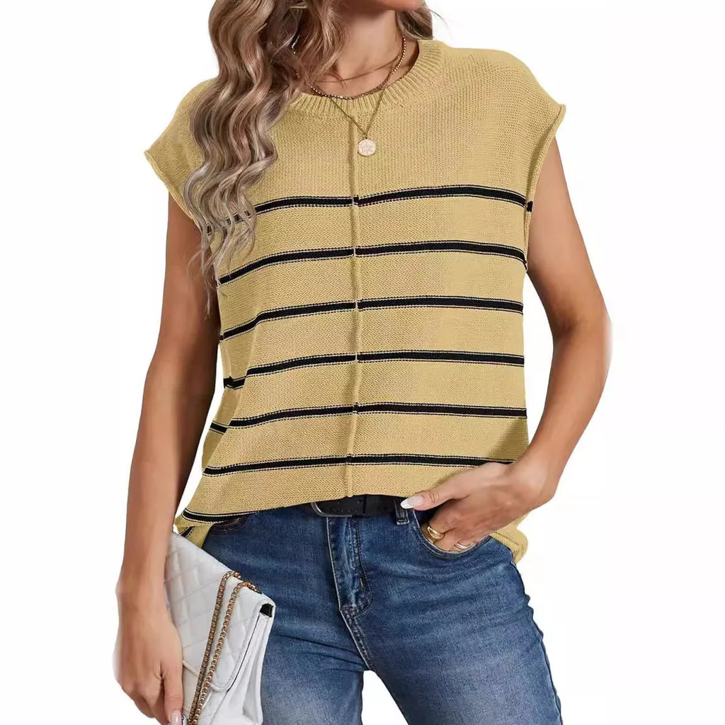 Striped sleeveless pullover vest top for women in a casual style.