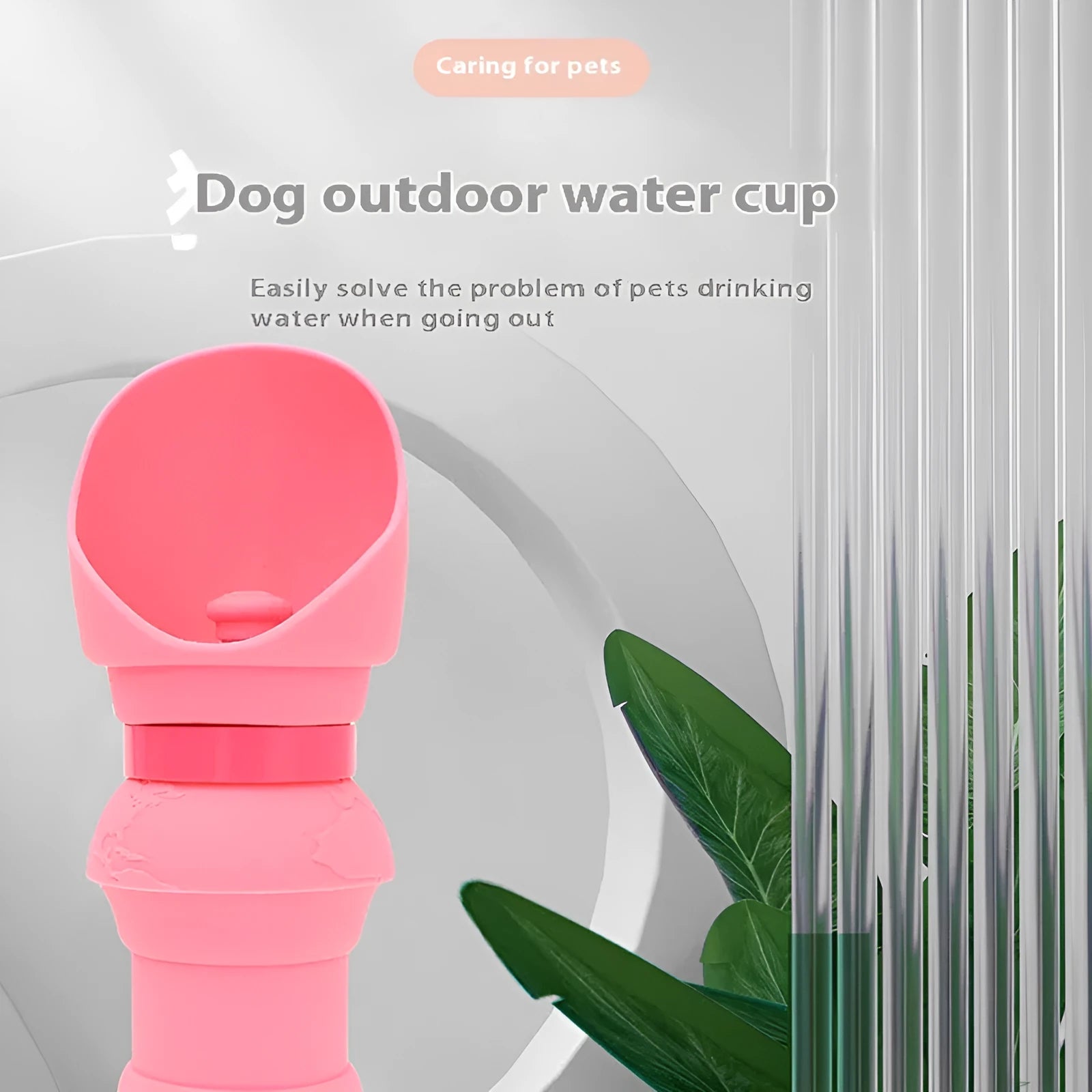 Collapsible silicone pet water cup shown in folded and open positions, available in various colours.