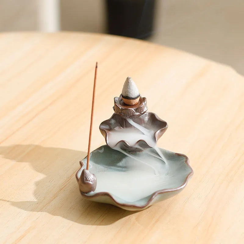 Square ceramic incense burner with purple clay base featuring crystal glaze good luck patterns and lotus designs