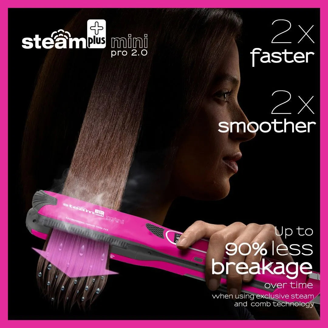 Mini hair straightener with steam spray function in rose red colour on a white background.