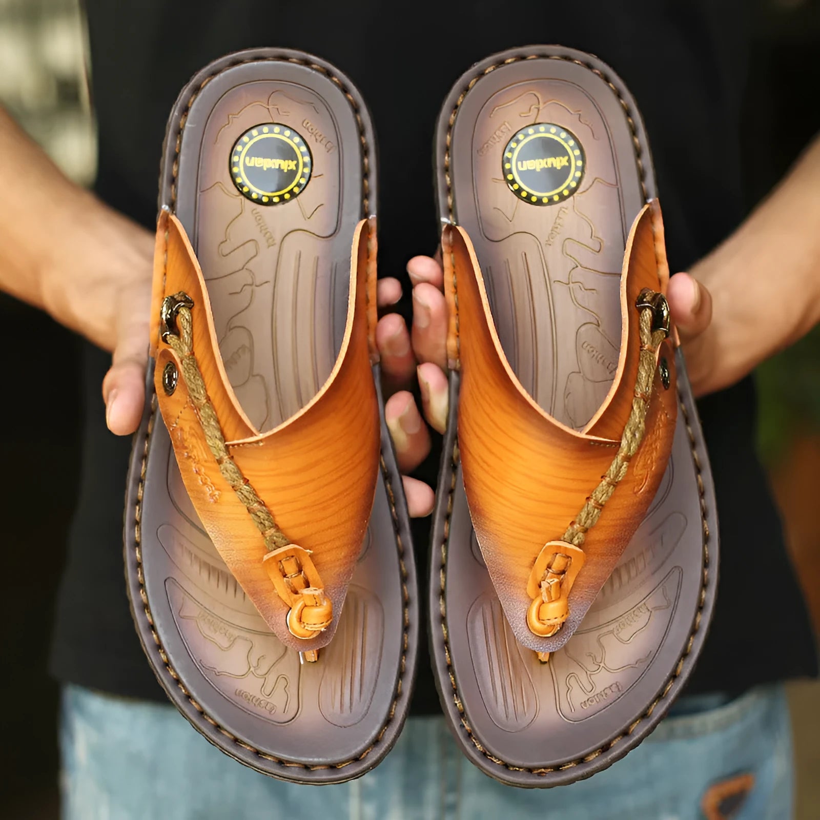 Men's herringbone pattern outdoor slippers in dark blue with rubber sole