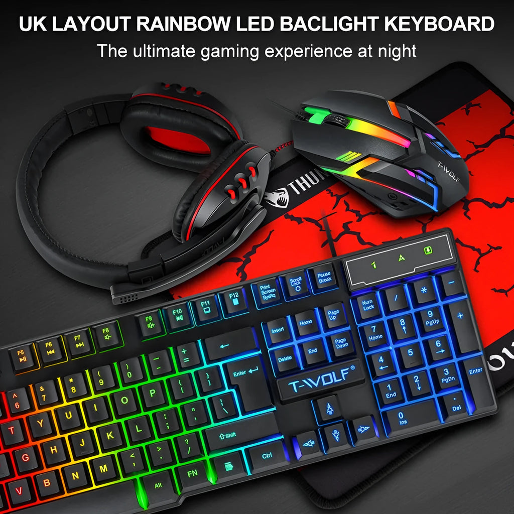 Thunder Wolf T800 gaming set with Spirit Snake keyboard, mouse, headset and mouse pad on desk