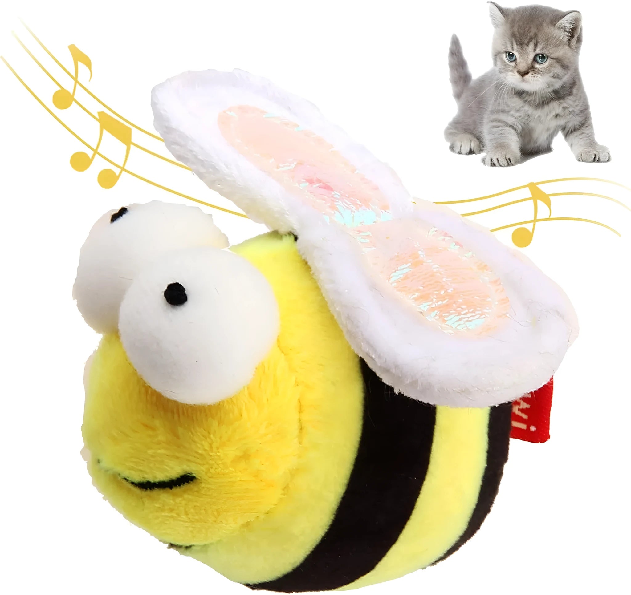Yellow bee-shaped electronic cat toy with motion-activated squeaking mechanism for interactive indoor play