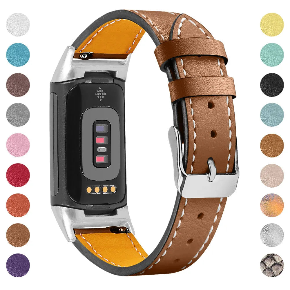 Genuine leather strap for Fitbit Charge 5 and Charge 6 smartwatches in multiple colour options.