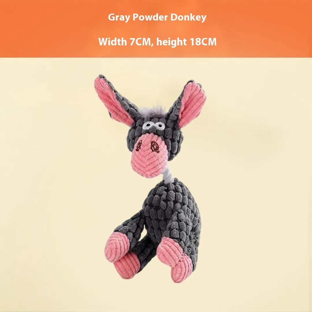 Assorted plush puppy toys including a blue elephant, coloured donkeys, and rechargeable duck styles.