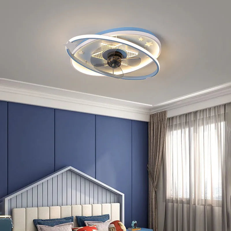 Modern blue children's bedroom ceiling fan light with remote control and acrylic shade.