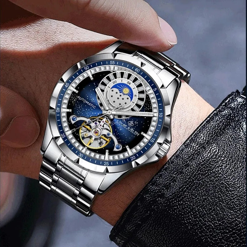 Men's silver case blue dial waterproof automatic mechanical watch with stainless steel strap