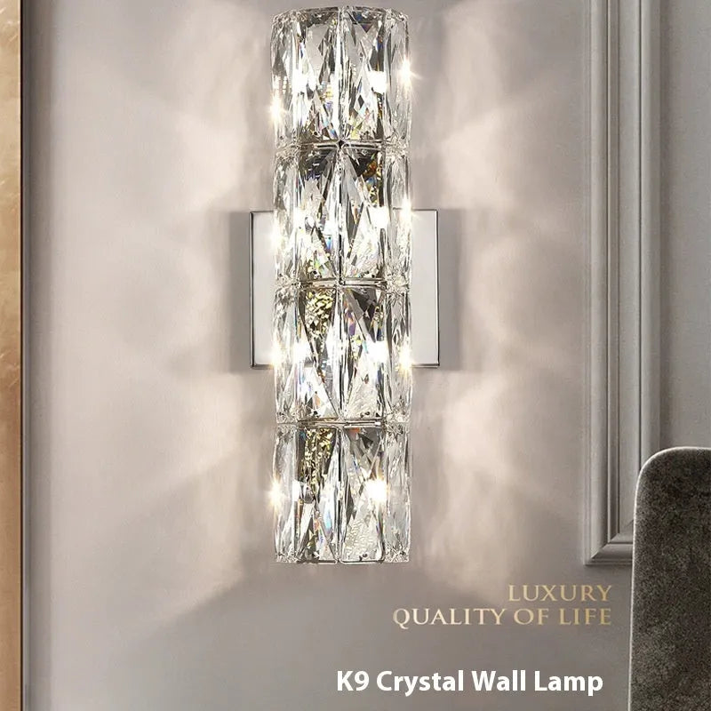 Crystal wall lamp with stainless steel frame in chrome or gold finish