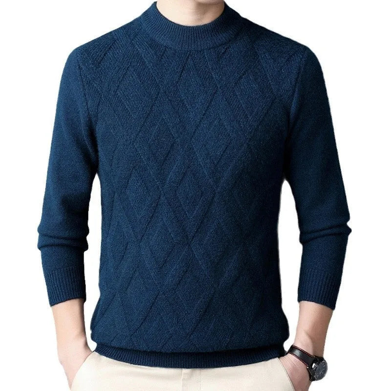 Men's winter thermal plus size sweater in wool blend with diamond jacquard texture