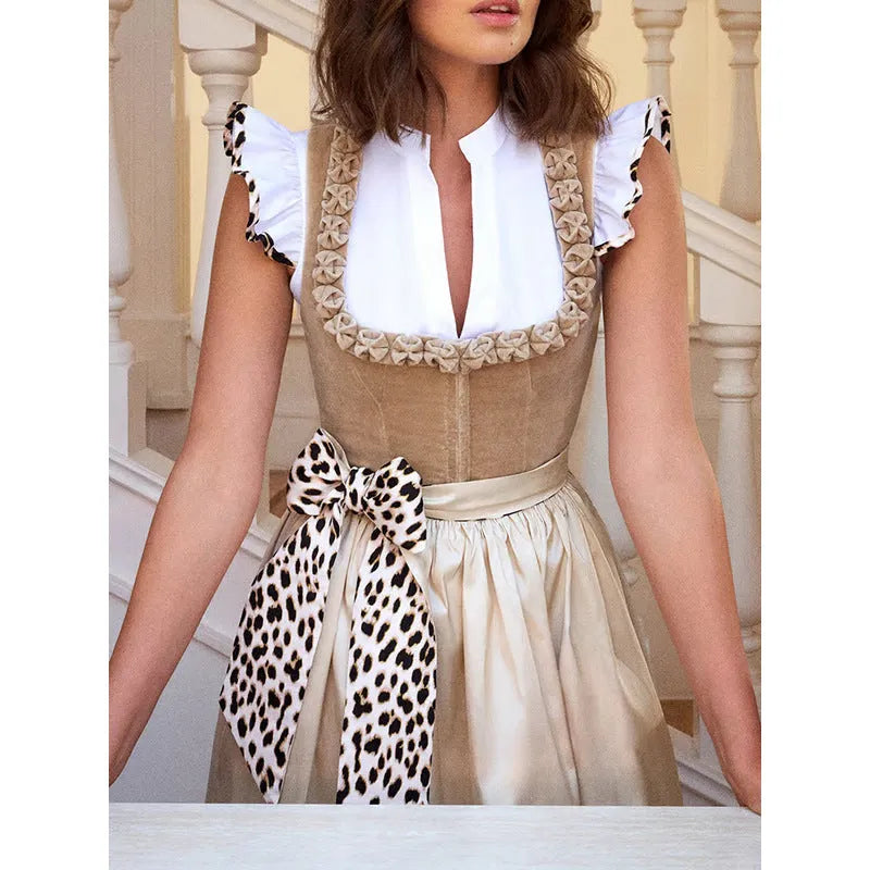 Khaki Oktoberfest beer style women's dress in cotton-polyester blend fabric, elegant temperament commute styling