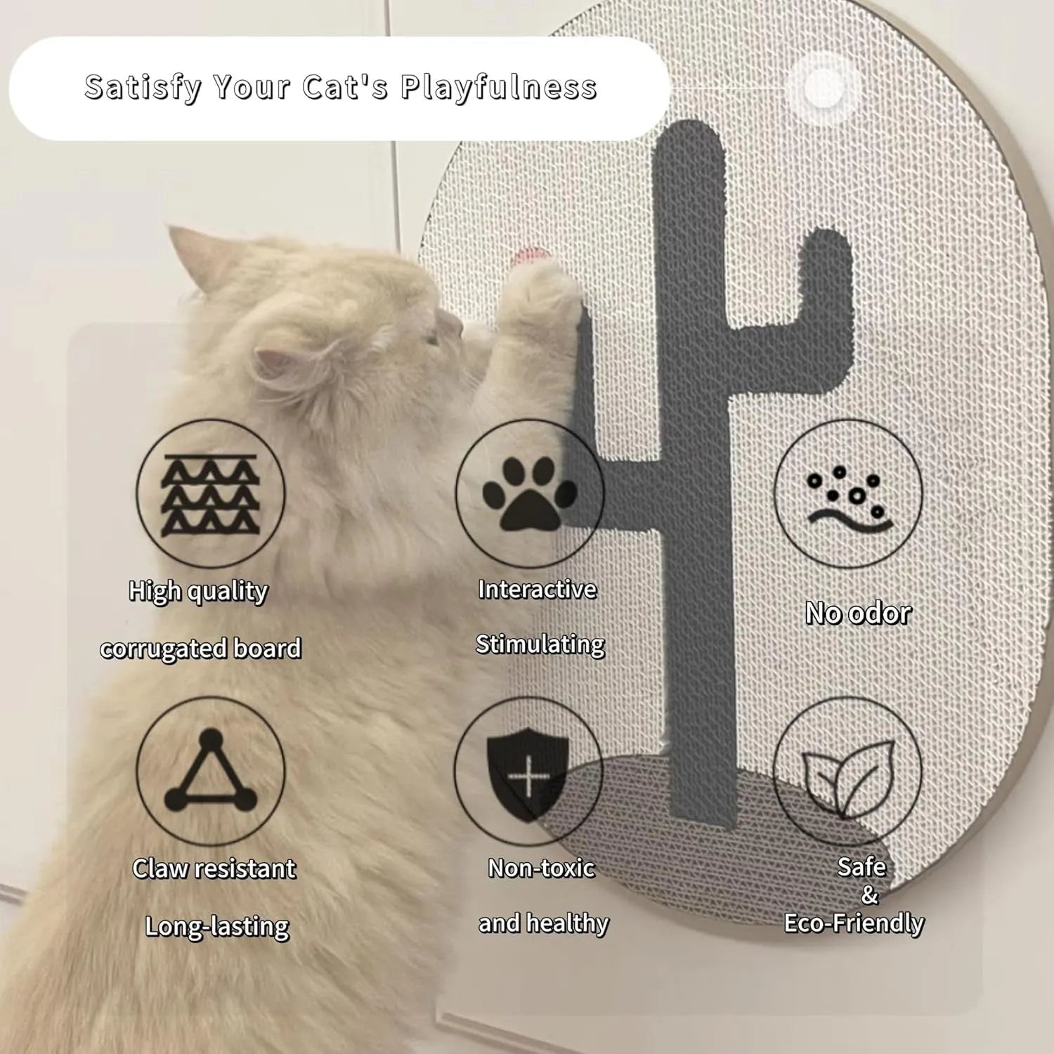 Vertical wall-mounted cardboard cat scratch pad with decorative print on wall