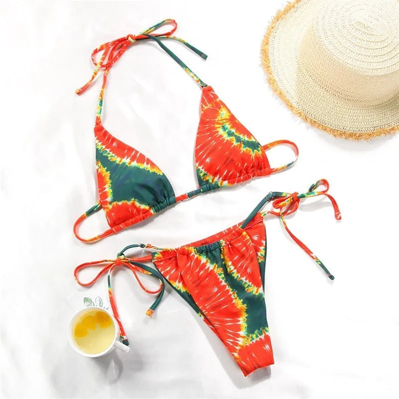 Women's polka dot print bikini in brown dot, watermelon gradient, and orange dot patterns