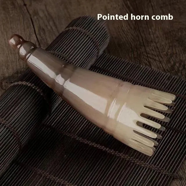 Traditional buffalo horn head meridian massage comb with wide teeth for scalp stimulation
