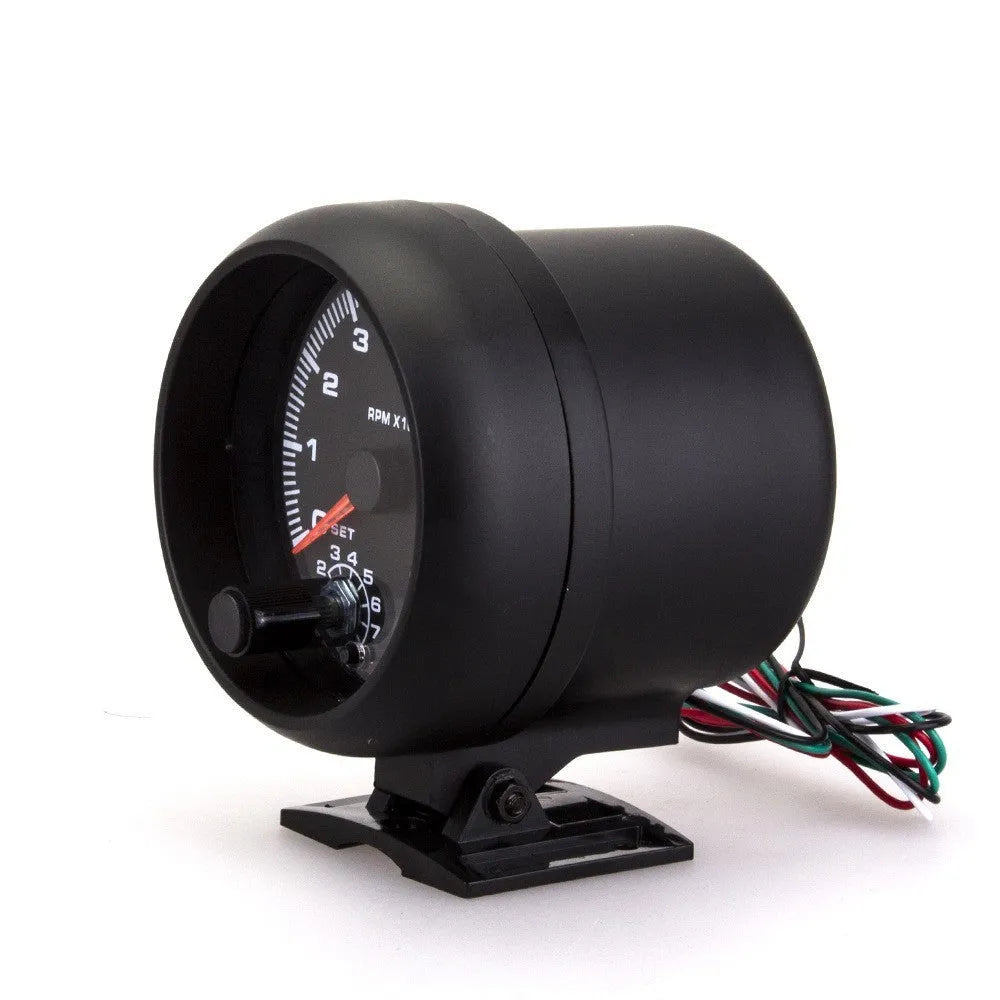 Black automotive tachometer with blue light pointer display measuring 95mm