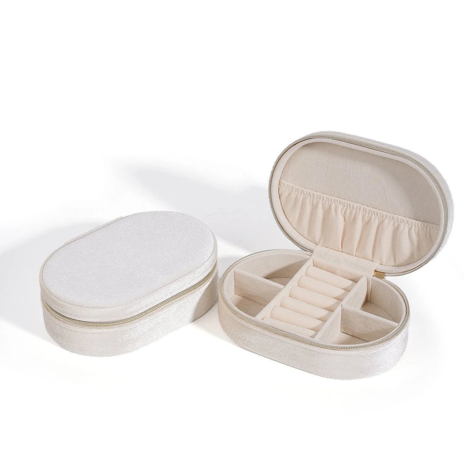 Oval velvet jewelry storage box in lake blue colour showing compact 15x10x5cm dimensions with flannel interior