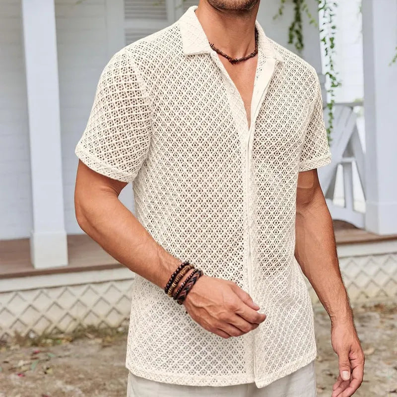 Men's summer mesh short sleeve lapel shirt in cotton blend fabric