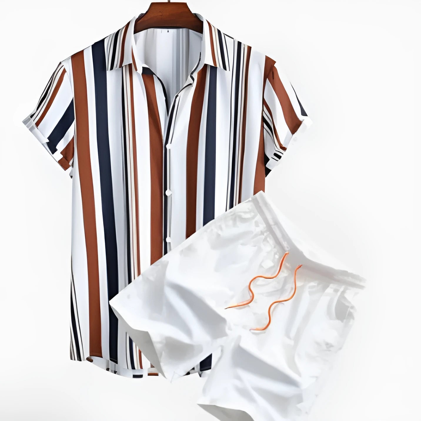 Men's casual suit with digital print short sleeve shirt and matching shorts in stretch polyester fabric
