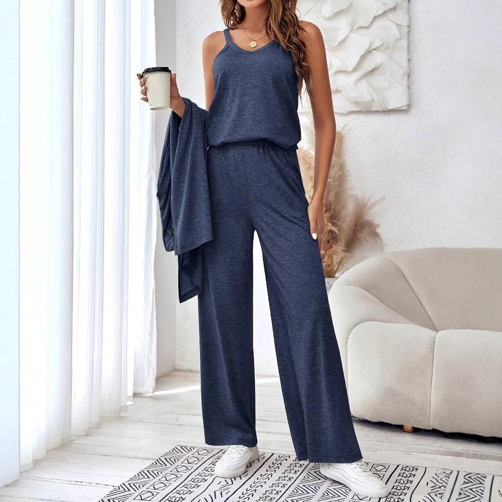 Blue polyester women's three-piece casual suit set with sling top, cardigan, trousers, and suspenders