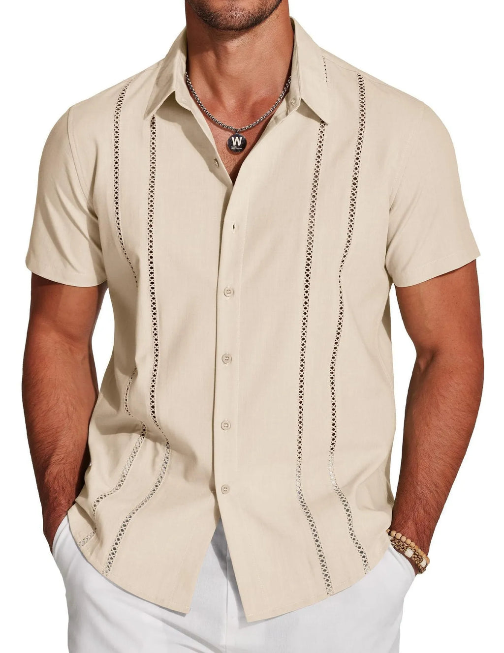 Men's slim fit short sleeve Hawaiian shirt with digital print pattern in stretch polyester fabric.