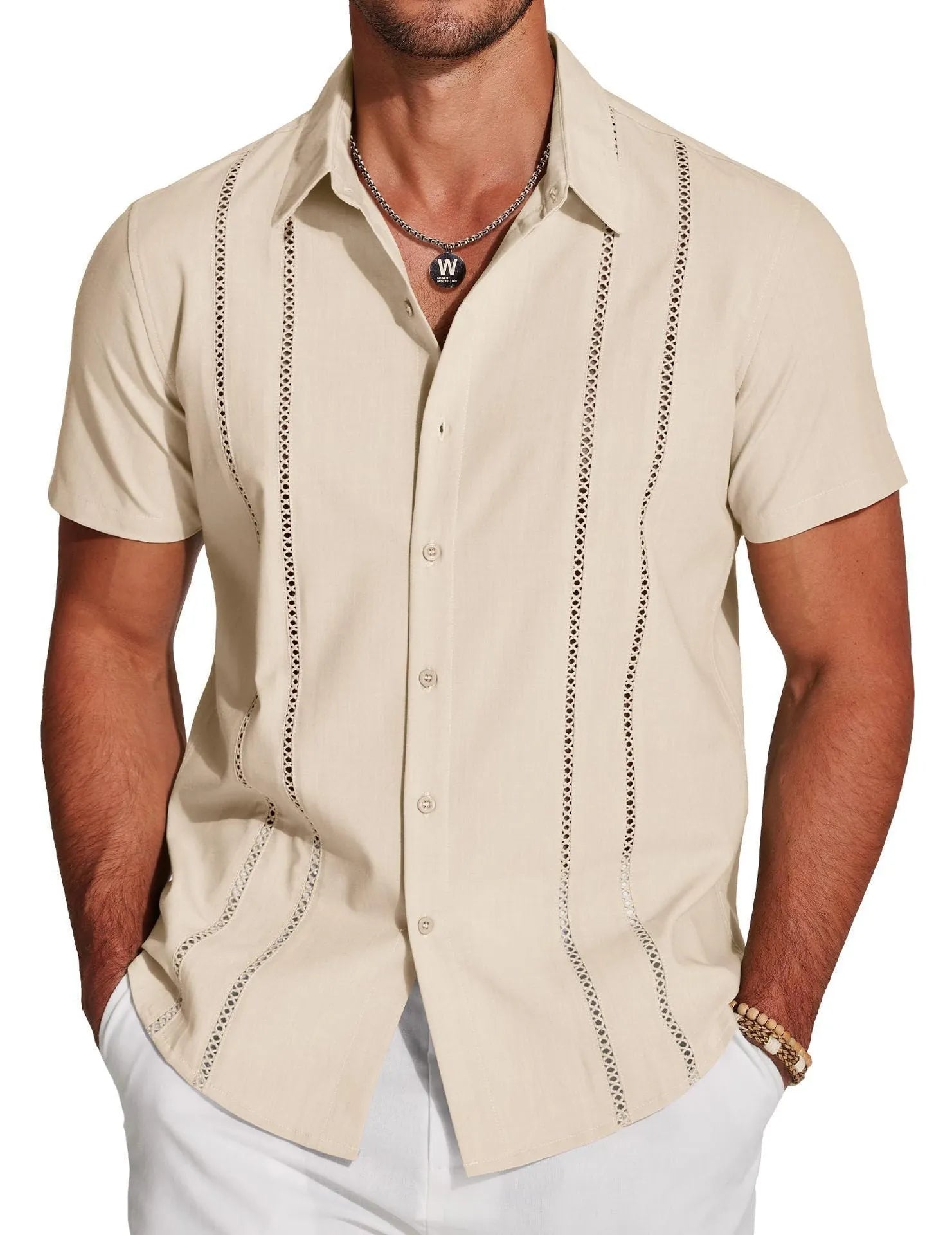 Men's slim fit short sleeve Hawaiian shirt with digital print pattern in stretch polyester fabric.