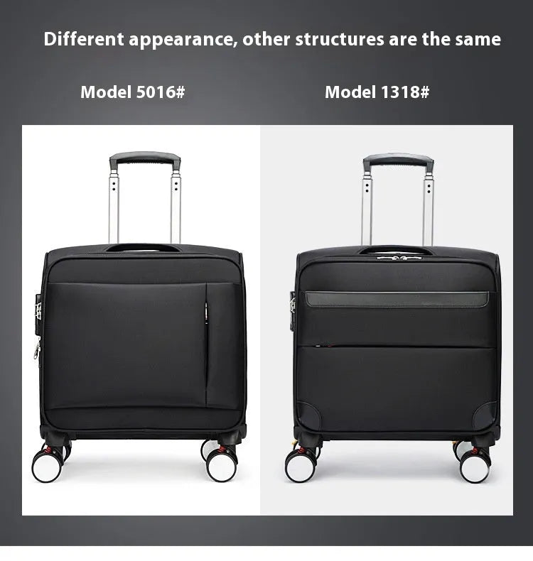 18 inch black Oxford cloth business boarding case with universal wheels and anti-theft features