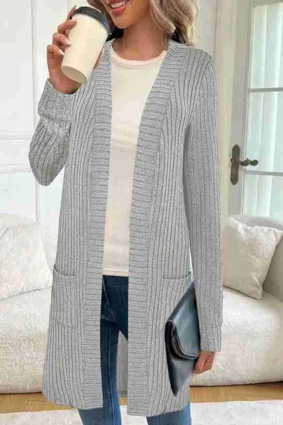 Long sleeve loose fit knitted cardigan jacket in black, grey, or wine red with pockets.