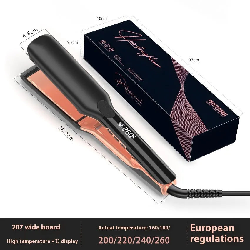 Hair straightener with digital temperature display showing 207℃ and anion technology label