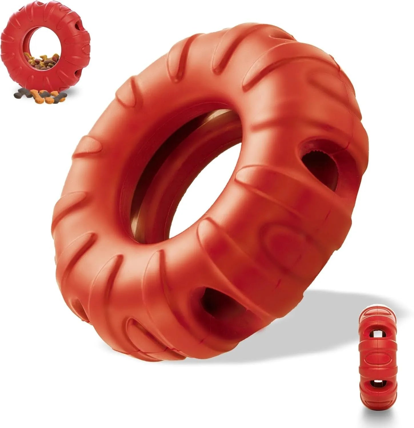 Blue natural rubber dog tyre chew toy with oval openings, shown as a slow feeder and interactive puzzle toy.