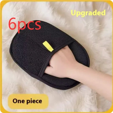 Black pet grooming glove with silicone bristles for removing hair from dogs cats rabbits