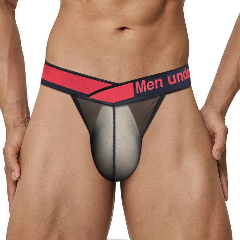 Men's gradient transparent ice silk briefs with large V-front design in black, red, and white colour options