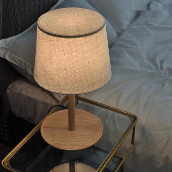 Walnut solid wood bedside lamp with cloth shade and cable switch
